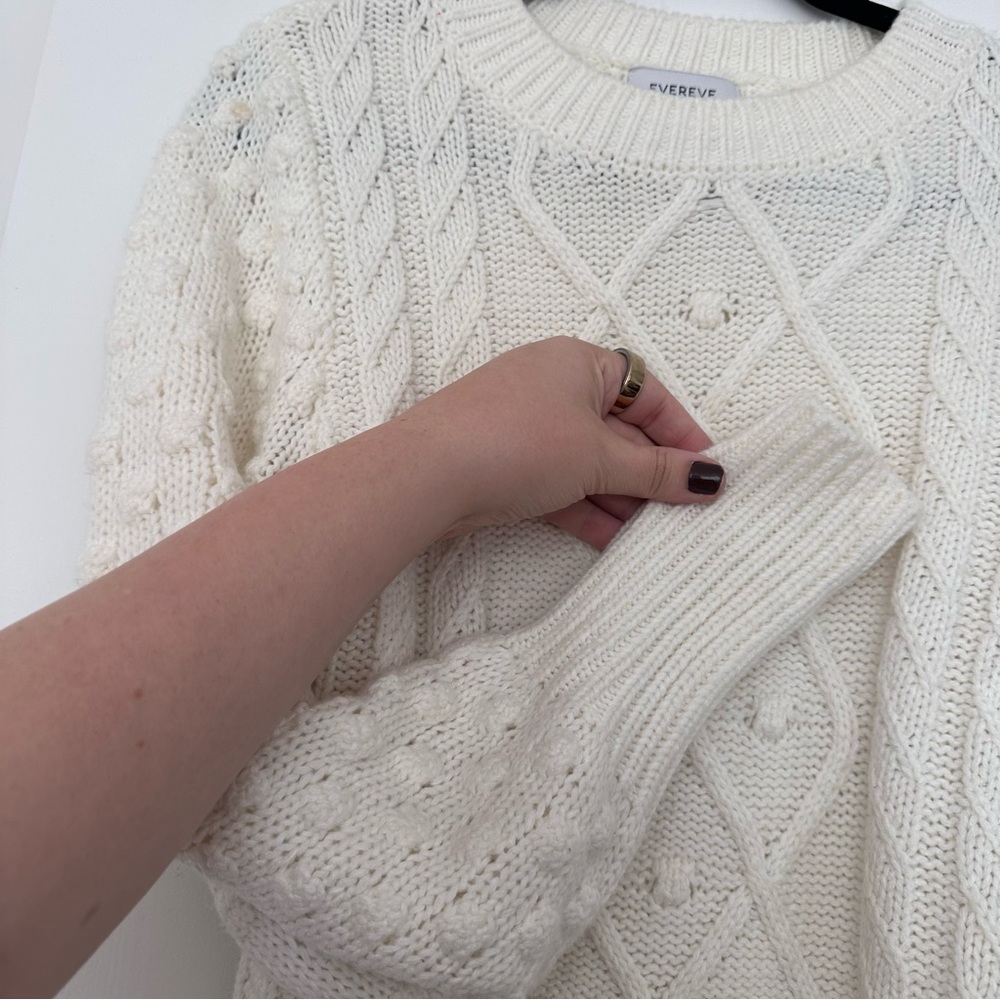 Evereve (XS) Creamy White Cable Knit Crewneck Pullover Sweater- Ribbed Detailing - Picture 3 of 7